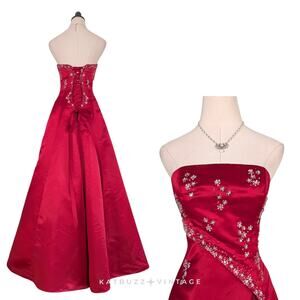 Corset Prom Dress Maxi Gown 4 Red Strapless Bead Glam Goth Ball Princess Y2K